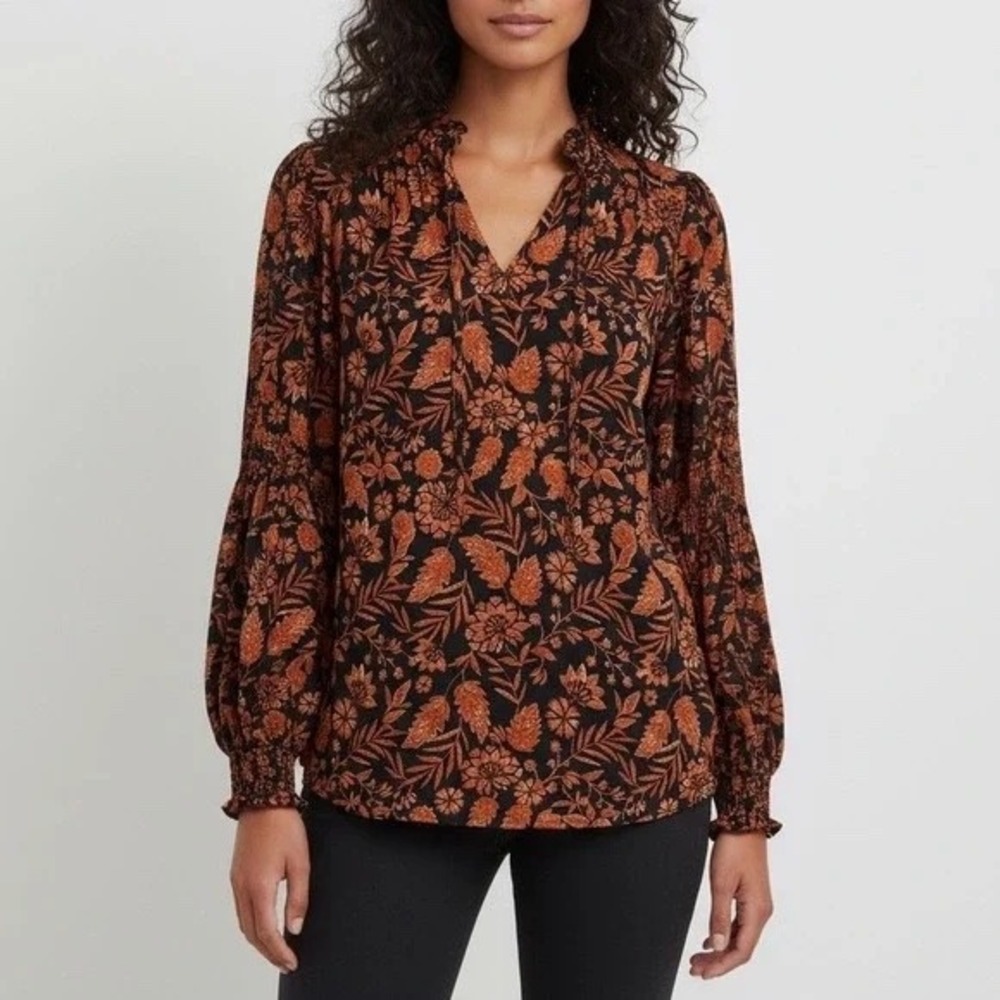 Elegia Floral‎ Print Ruffle Neck Long Sleeve Blouse Top